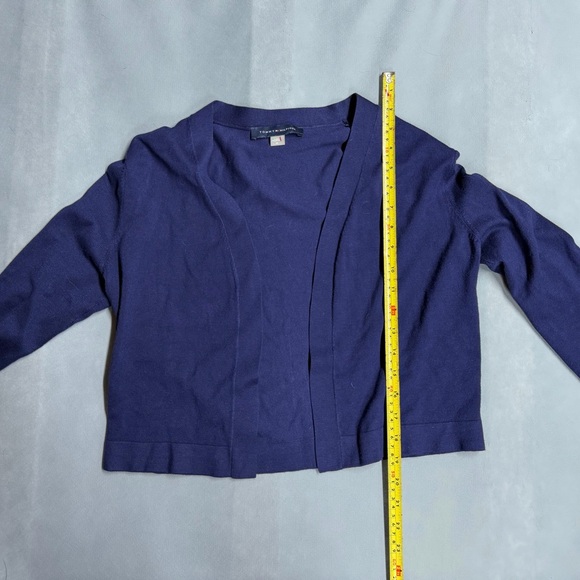 Tommy Hilfiger Deep Blue Open Front Cardigan with Gold Buttons on Sleeves - Picture 2 of 5